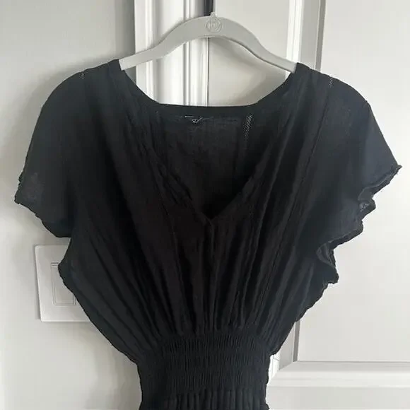 Rails Tara Black Lace Detail Mini Flutter Sleeve Linen Blend Dress Large - Picture 3 of 11